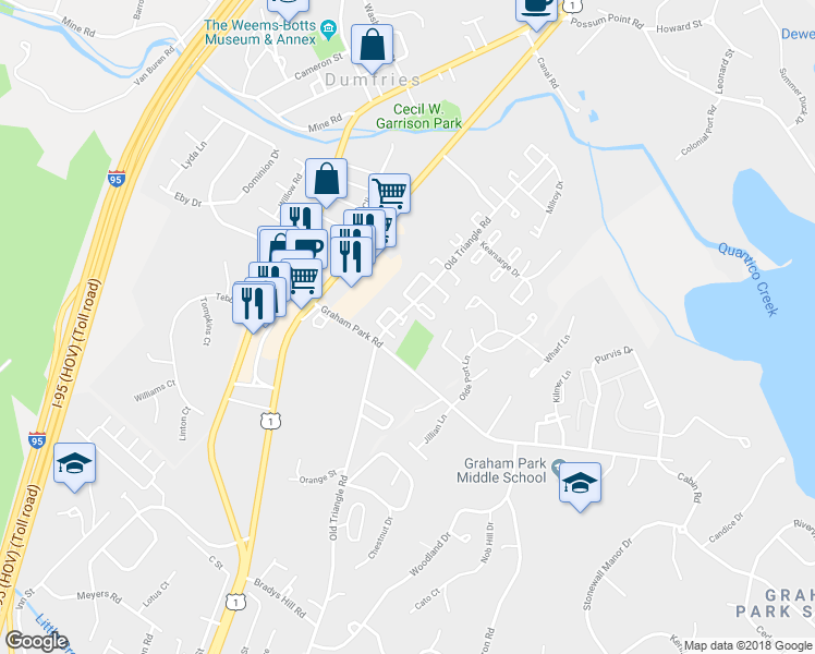map of restaurants, bars, coffee shops, grocery stores, and more near 2704 Steele Court in Dumfries
