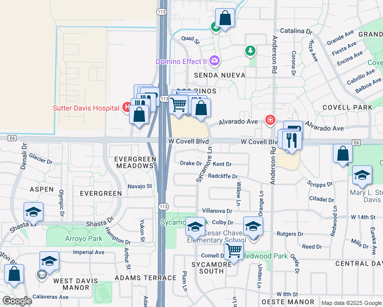 map of restaurants, bars, coffee shops, grocery stores, and more near 1351 Drake Drive in Davis