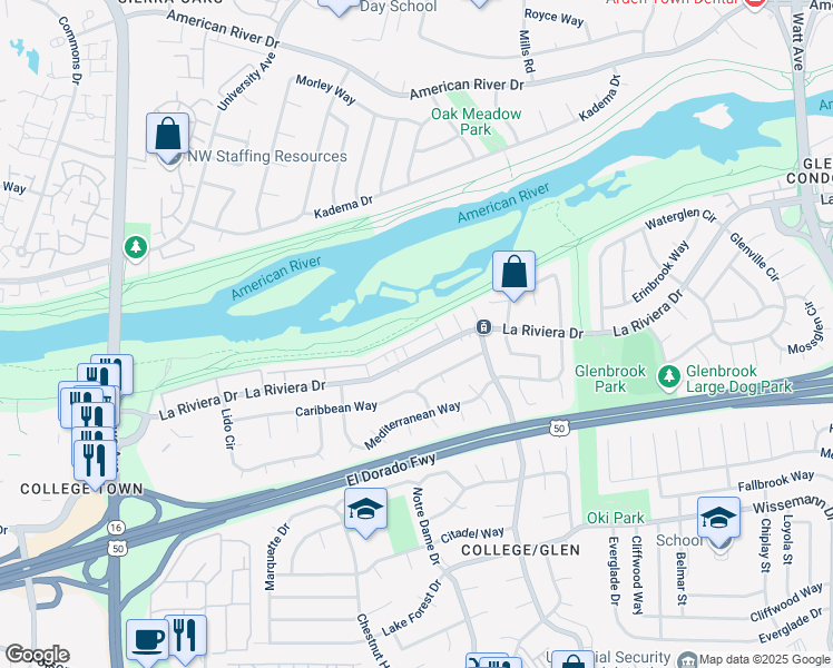 map of restaurants, bars, coffee shops, grocery stores, and more near 8329 La Riviera Drive in Sacramento