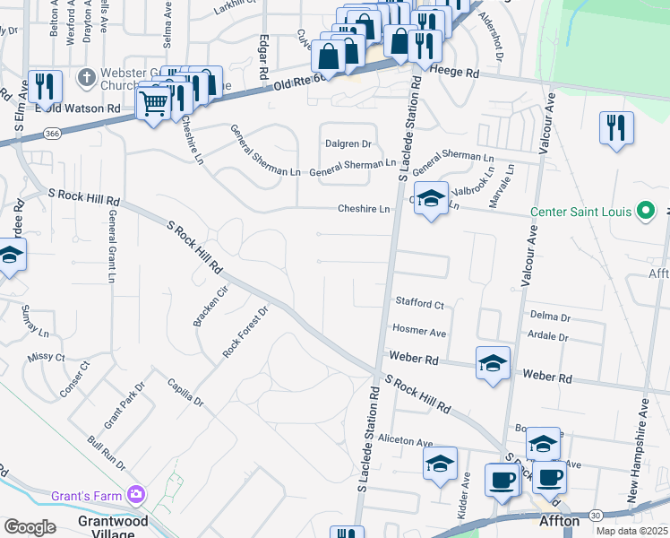 map of restaurants, bars, coffee shops, grocery stores, and more near 7343 Idamor Lane in Affton