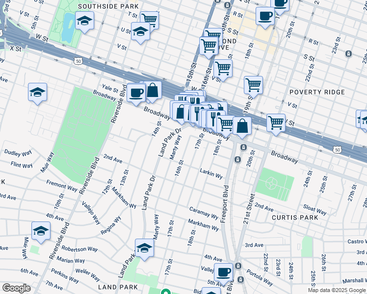 map of restaurants, bars, coffee shops, grocery stores, and more near 2567 16th Street in Sacramento
