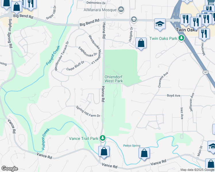 map of restaurants, bars, coffee shops, grocery stores, and more near 285 Crescent Road in Valley Park