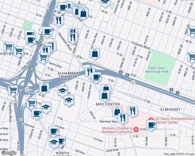 map of restaurants, bars, coffee shops, grocery stores, and more near 3700 S Street in Sacramento