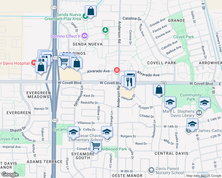 map of restaurants, bars, coffee shops, grocery stores, and more near 1905 Anderson Road in Davis