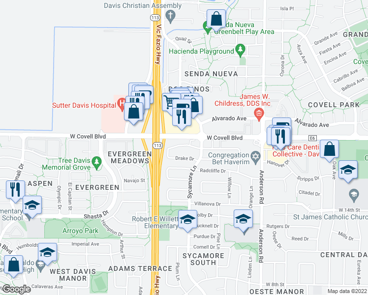 map of restaurants, bars, coffee shops, grocery stores, and more near 1351 Drake Drive in Davis