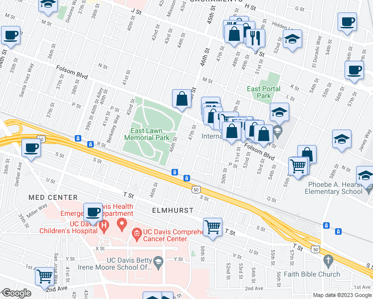 map of restaurants, bars, coffee shops, grocery stores, and more near 47th St & Buckingham Way in Sacramento