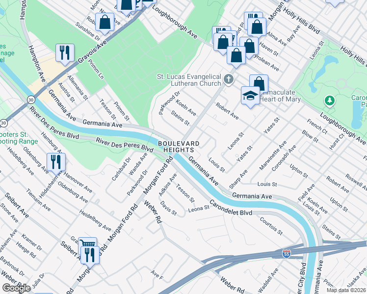 map of restaurants, bars, coffee shops, grocery stores, and more near 7510 Morgan Ford Road in St. Louis