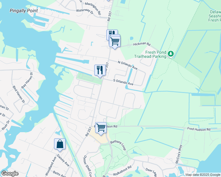 map of restaurants, bars, coffee shops, grocery stores, and more near 104 South Orlando Avenue in Ocean View