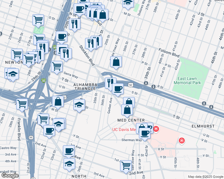 map of restaurants, bars, coffee shops, grocery stores, and more near 1935 Stockton Boulevard in Sacramento