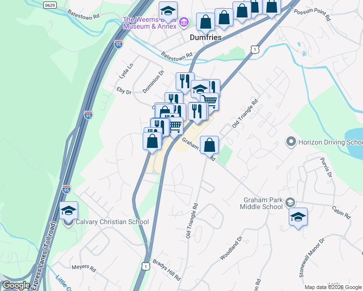 map of restaurants, bars, coffee shops, grocery stores, and more near 4001 Graham Park Road in Dumfries