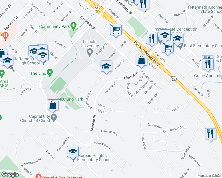 map of restaurants, bars, coffee shops, grocery stores, and more near 915 Harding Street in Jefferson City