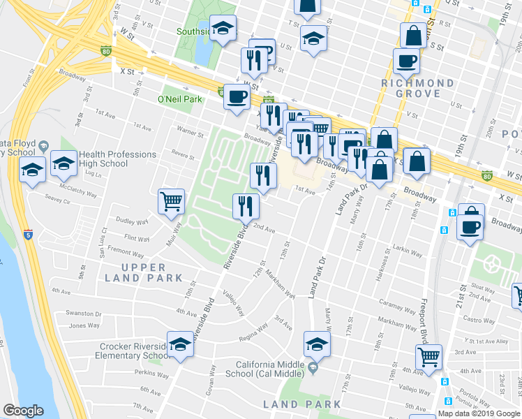 map of restaurants, bars, coffee shops, grocery stores, and more near 2661 Riverside Boulevard in Sacramento