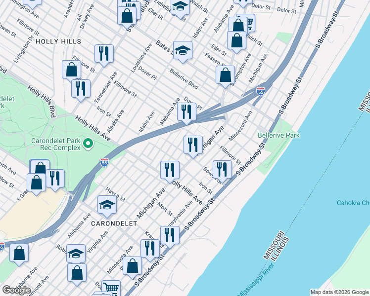 map of restaurants, bars, coffee shops, grocery stores, and more near 6137 Virginia Avenue in St. Louis