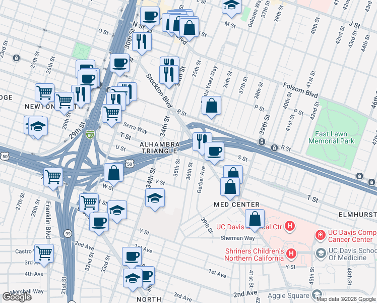 map of restaurants, bars, coffee shops, grocery stores, and more near 1940 36th Street in Sacramento