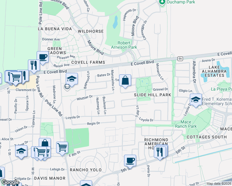 map of restaurants, bars, coffee shops, grocery stores, and more near 1518 Manzanita Lane in Davis