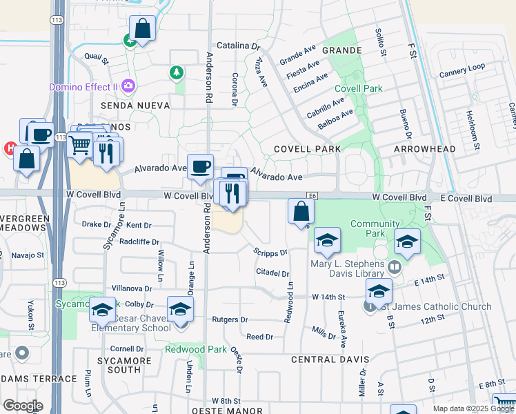 map of restaurants, bars, coffee shops, grocery stores, and more near 1850 Hanover Drive in Davis