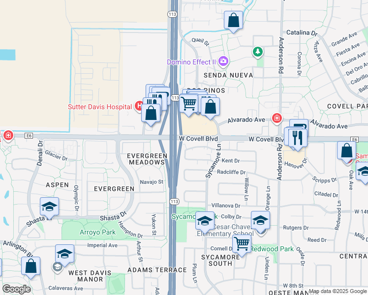 map of restaurants, bars, coffee shops, grocery stores, and more near 1400 West Covell Boulevard in Davis