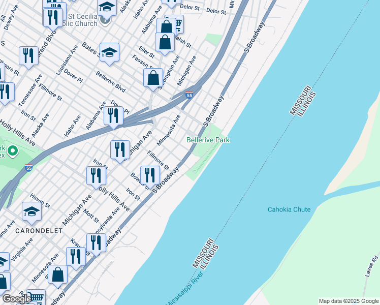 map of restaurants, bars, coffee shops, grocery stores, and more near in St. Louis