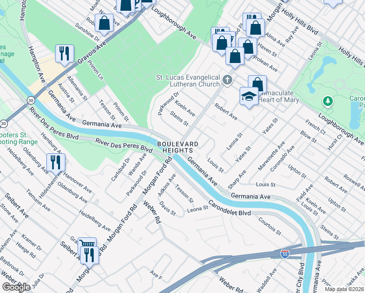 map of restaurants, bars, coffee shops, grocery stores, and more near in St. Louis