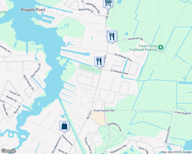 map of restaurants, bars, coffee shops, grocery stores, and more near 116 East Mill Lane in Ocean View