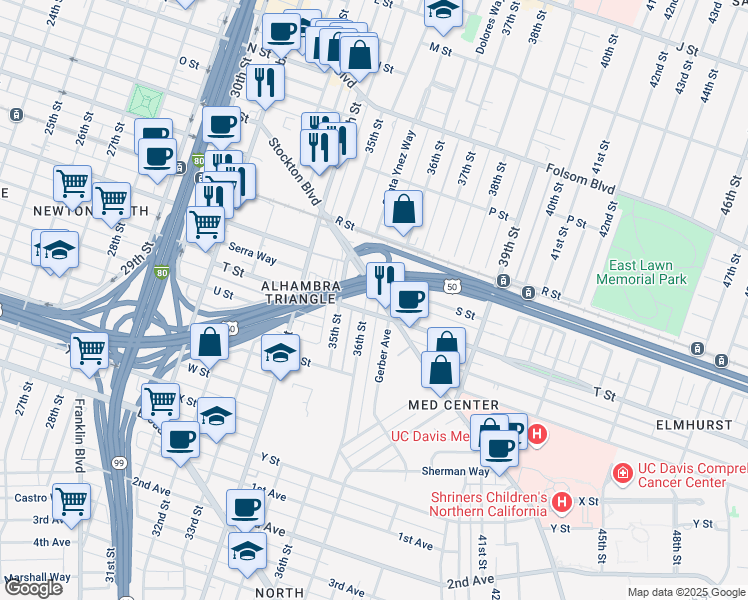 map of restaurants, bars, coffee shops, grocery stores, and more near 1935 Stockton Boulevard in Sacramento