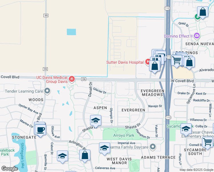 map of restaurants, bars, coffee shops, grocery stores, and more near 2121 Glacier Drive in Davis