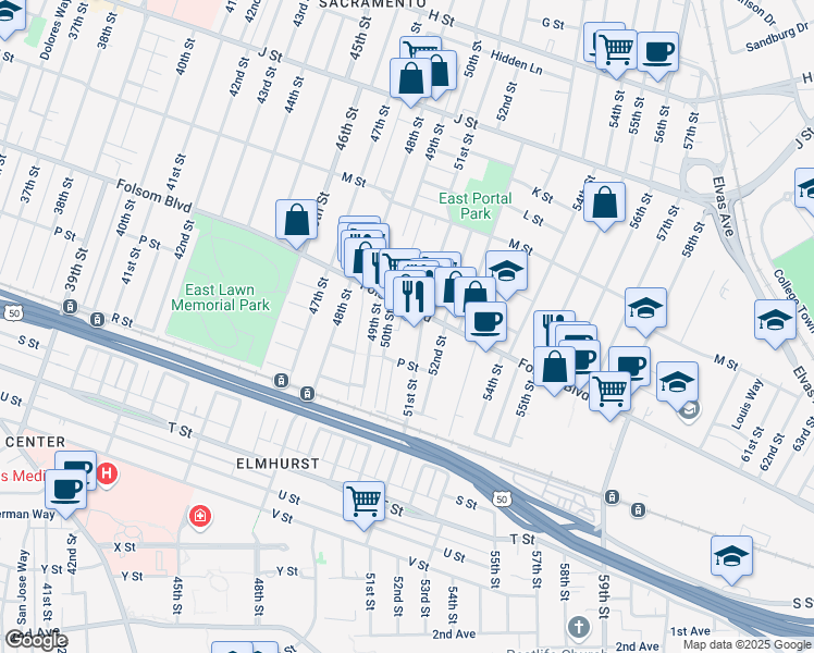 map of restaurants, bars, coffee shops, grocery stores, and more near 5030 Folsom Boulevard in Sacramento