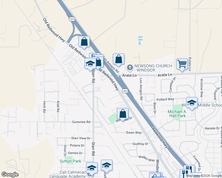 map of restaurants, bars, coffee shops, grocery stores, and more near 10161 Old Redwood Highway in Windsor
