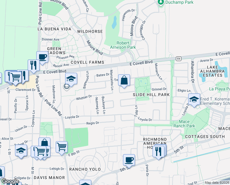 map of restaurants, bars, coffee shops, grocery stores, and more near 1518 Manzanita Lane in Davis