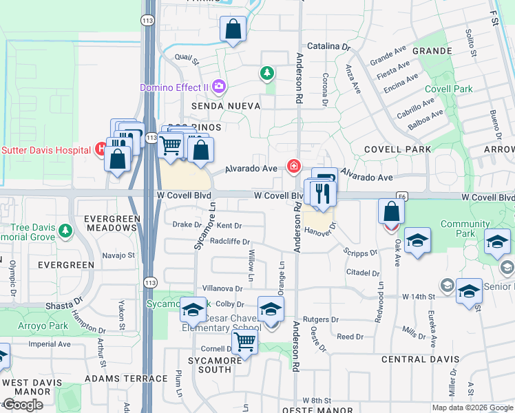map of restaurants, bars, coffee shops, grocery stores, and more near 919 Drake Drive in Davis