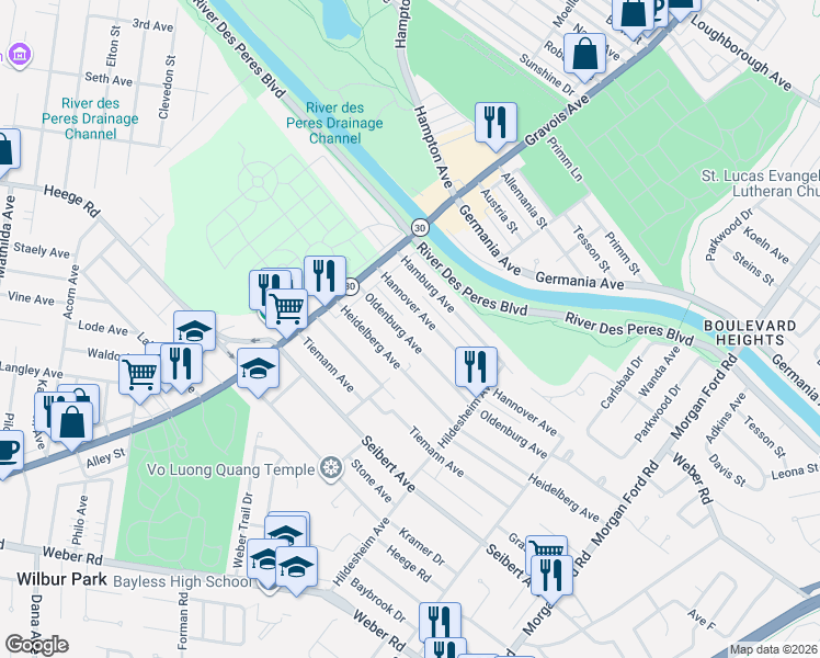 map of restaurants, bars, coffee shops, grocery stores, and more near 4802 Hannover Avenue in St. Louis