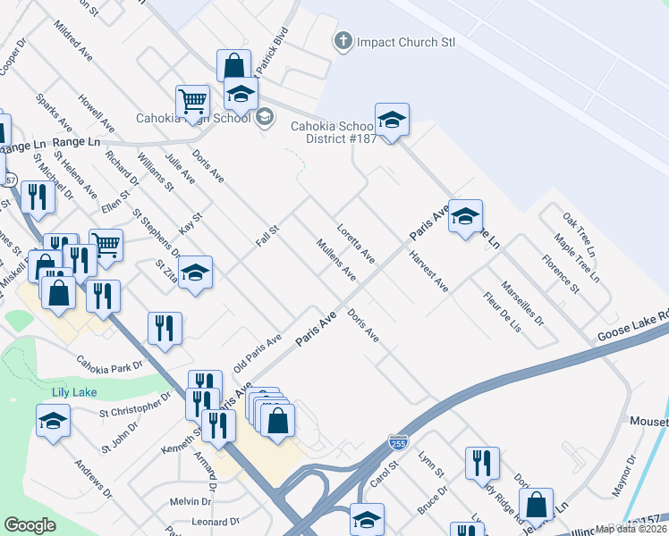 map of restaurants, bars, coffee shops, grocery stores, and more near 1728 Mullens Avenue in Cahokia