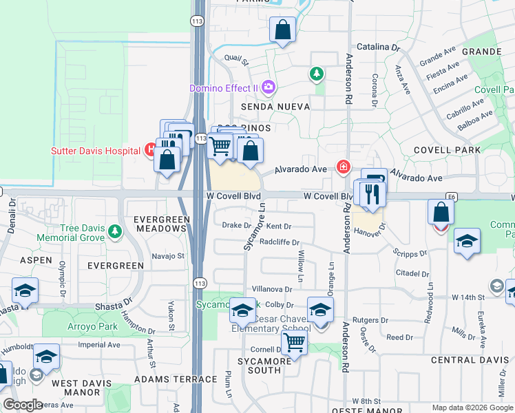 map of restaurants, bars, coffee shops, grocery stores, and more near 1921 Sycamore Lane in Davis
