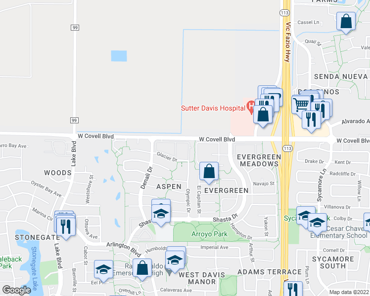 map of restaurants, bars, coffee shops, grocery stores, and more near 63 Olympic Drive in Davis
