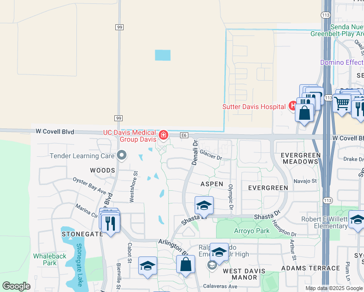 map of restaurants, bars, coffee shops, grocery stores, and more near 2331 Glacier Place in Davis