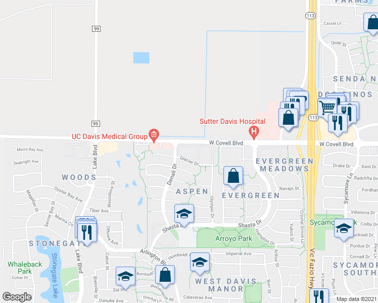 map of restaurants, bars, coffee shops, grocery stores, and more near 5 Olympic Drive in Davis