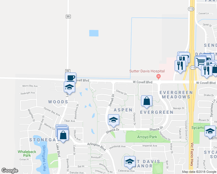 map of restaurants, bars, coffee shops, grocery stores, and more near 2331 Glacier Place in Davis