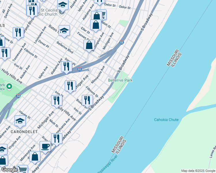 map of restaurants, bars, coffee shops, grocery stores, and more near in St. Louis