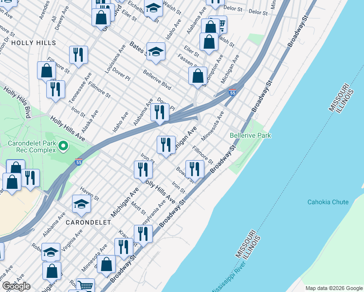 map of restaurants, bars, coffee shops, grocery stores, and more near 6004 Michigan Avenue in St. Louis