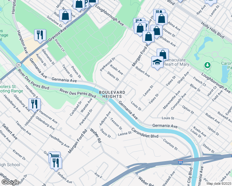 map of restaurants, bars, coffee shops, grocery stores, and more near 7500 Morgan Ford Road in St. Louis