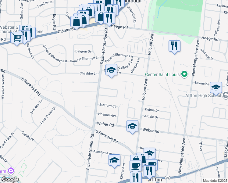 map of restaurants, bars, coffee shops, grocery stores, and more near 7208 Waterford Drive in Affton