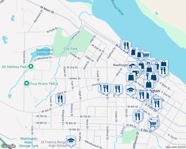 map of restaurants, bars, coffee shops, grocery stores, and more near 307 Frank Street in Washington