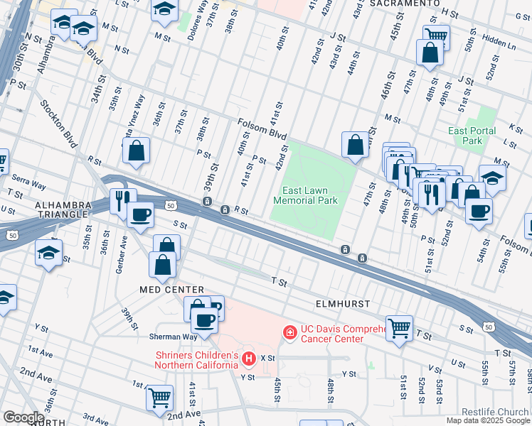 map of restaurants, bars, coffee shops, grocery stores, and more near 1745 42nd Street in Sacramento