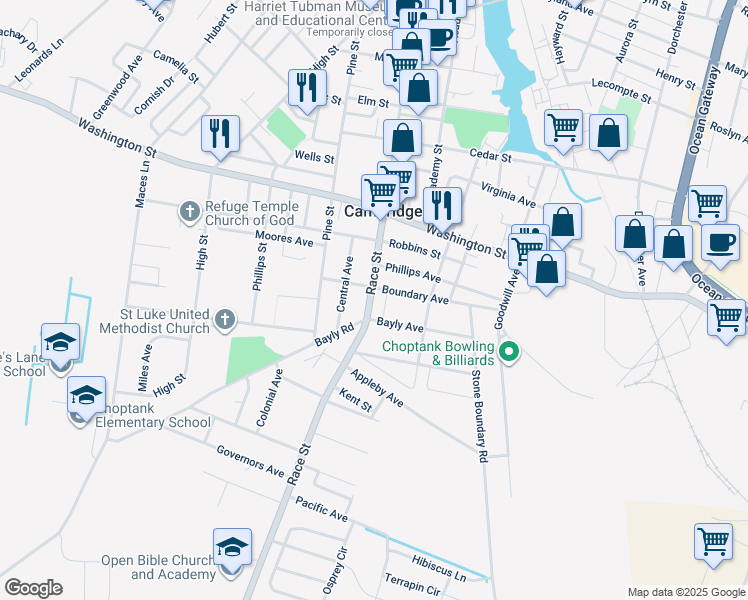map of restaurants, bars, coffee shops, grocery stores, and more near 1006 Race Street in Cambridge