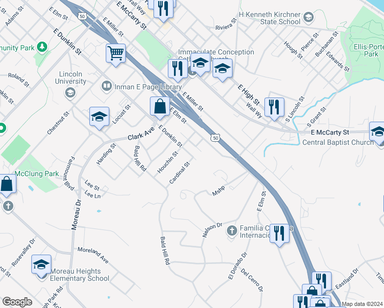 map of restaurants, bars, coffee shops, grocery stores, and more near 1313 East Dunklin Street in Jefferson City