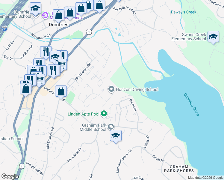 map of restaurants, bars, coffee shops, grocery stores, and more near 3590 Wharf Lane in Triangle