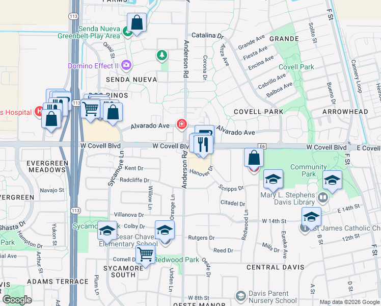 map of restaurants, bars, coffee shops, grocery stores, and more near 1944 Anderson Road in Davis