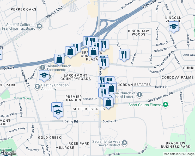 map of restaurants, bars, coffee shops, grocery stores, and more near 3427 Duzel Rock Place in Sacramento