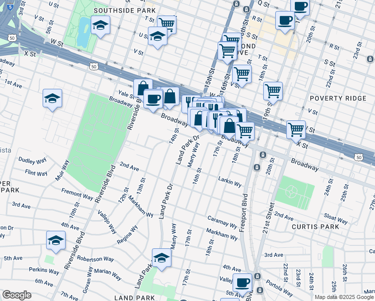 map of restaurants, bars, coffee shops, grocery stores, and more near 2575 Land Park Drive in Sacramento