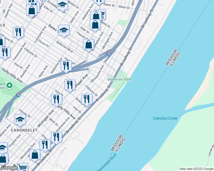 map of restaurants, bars, coffee shops, grocery stores, and more near in St. Louis